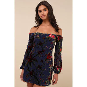 Lulus Magnificent Charm Navy Velvet Off-the-shoulder Mini Dress Blue - Size S